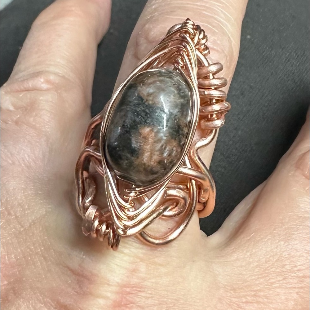 Large Copper Wire Wrapped Amphibolite Stone Ring